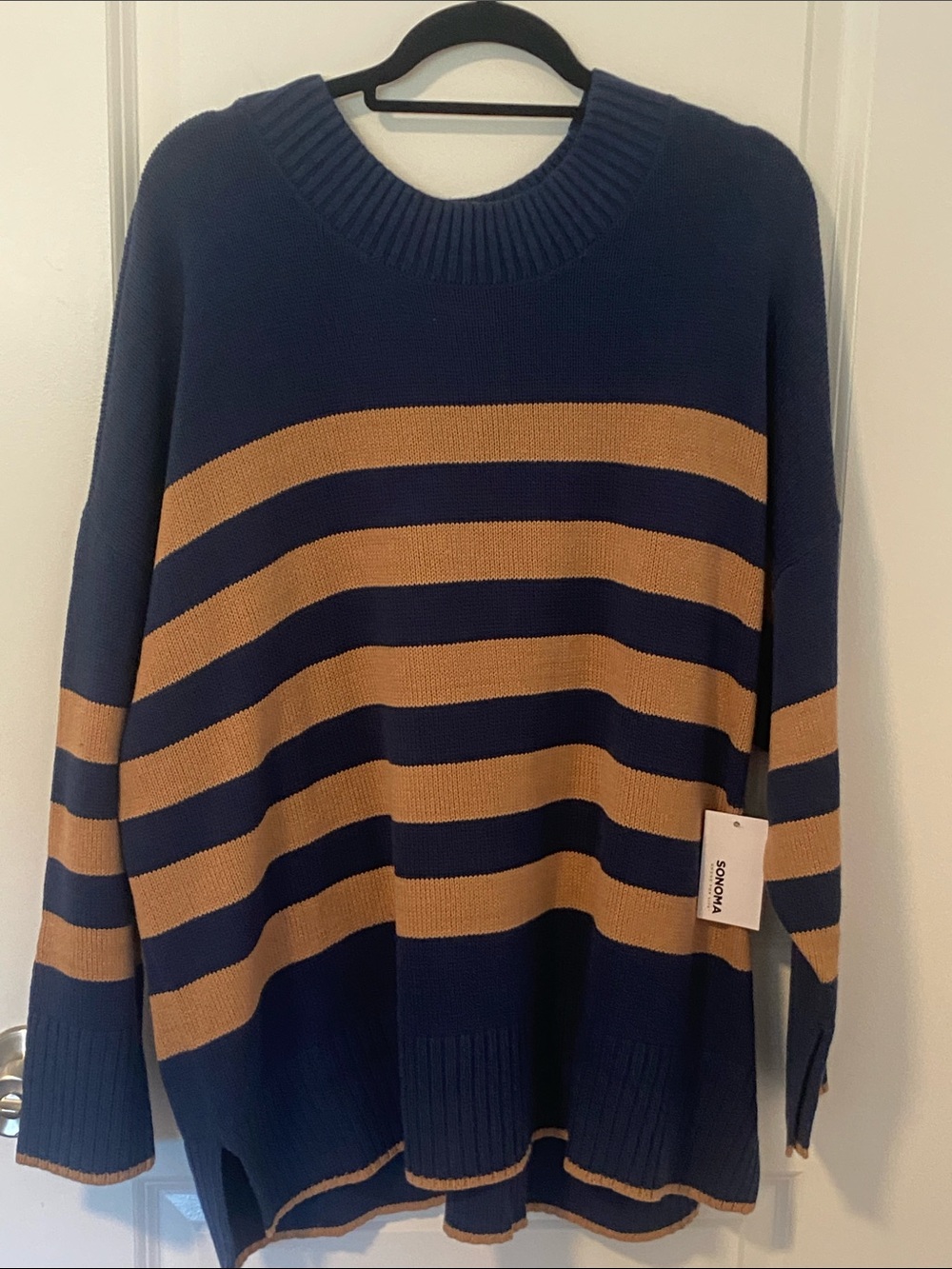 Sonoma Navy and Tan Striped Crewneck Sweater